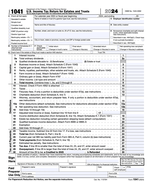 1041 – U.S. Income Tax Return for Estates and Trusts