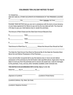 Colorado 10 Day Notice to Quit for Non-Payment of Rent form preview