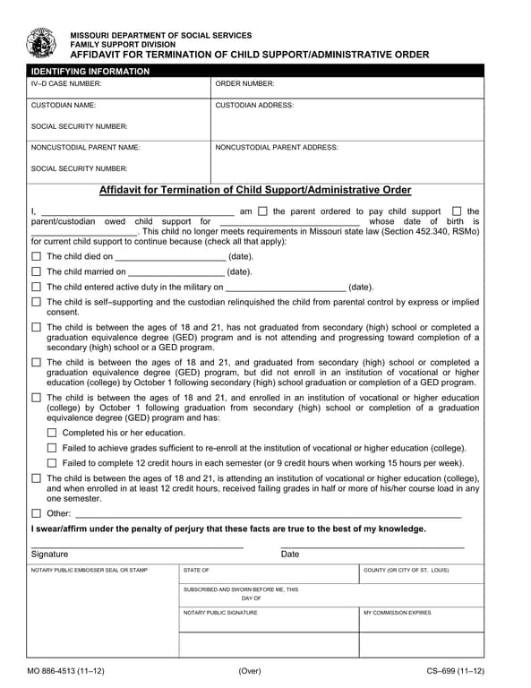 Missouri Termination of Child Support Affidavit - Family Support Division