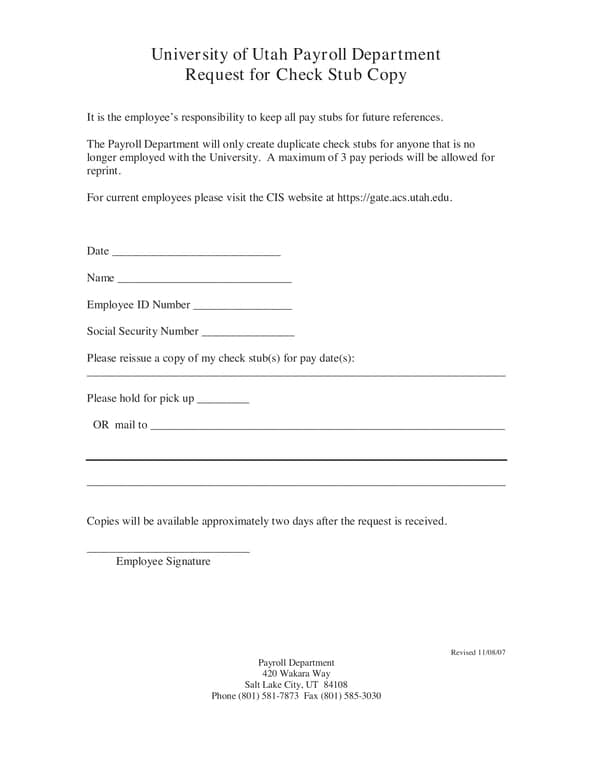 Utah University Duplicate Check Stub Request