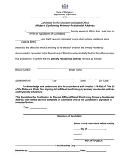 Delaware Re-Election Candidate Residence Confirmation Affidavit form preview