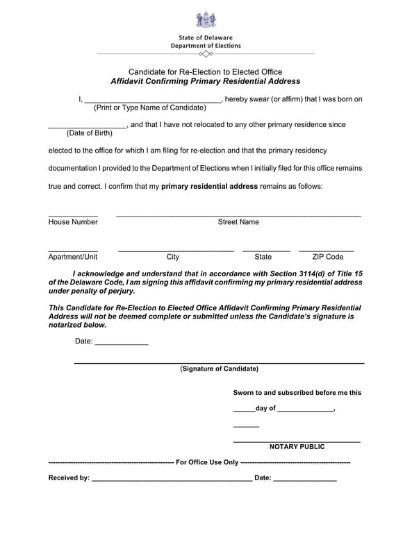 Delaware Re-Election Candidate Residence Confirmation Affidavit