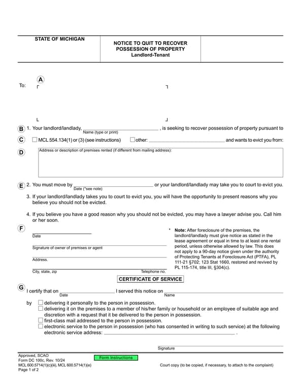 Michigan Property Possession Notice - DC 100c