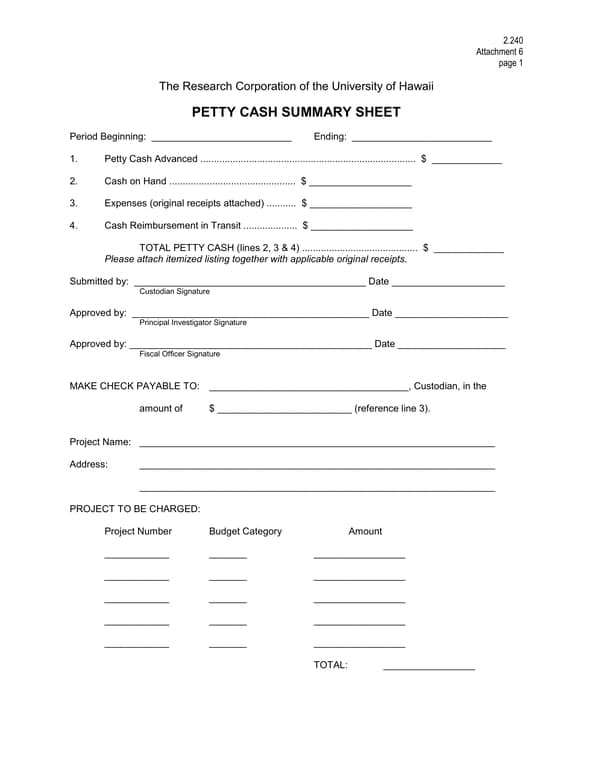 Hawaii Petty Cash Summary Sheet for University Research Transactions