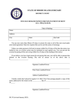 Rhode Island DC-55 Five Day Demand for Non-Payment of Rent Notice form preview