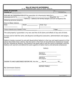 Colorado Automobile Bill of Sale and Ownership Transfer with Odometer Verification form preview