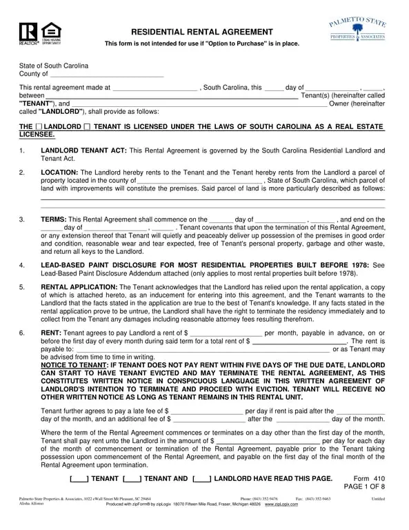 Get the most current South Carolina Residential Lease Agreement Overview form now