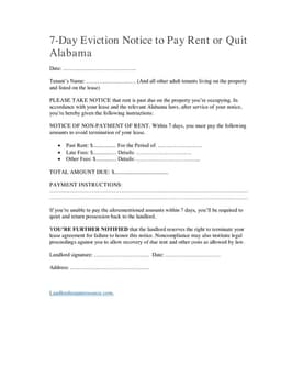 Alabama 7-Day Eviction Notice to Pay Rent or Quit form preview