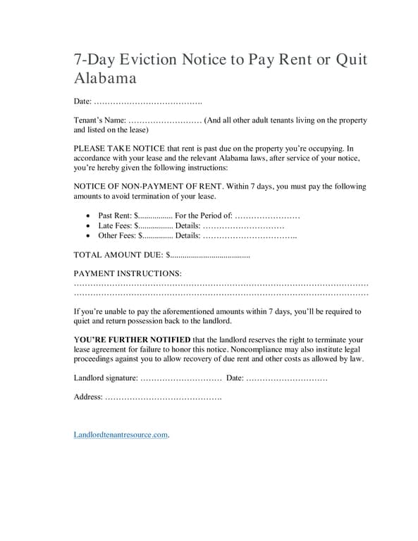 Alabama 7-Day Eviction Notice to Pay Rent or Quit