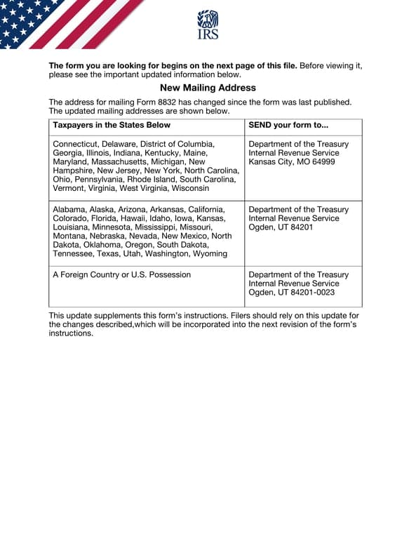 8832 - Treasury IRS State-specific Taxpayer Form with Updated Mailing Addresses