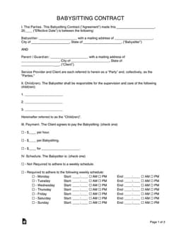 Babysitting Contract Agreement for Caregiver and Parent form preview