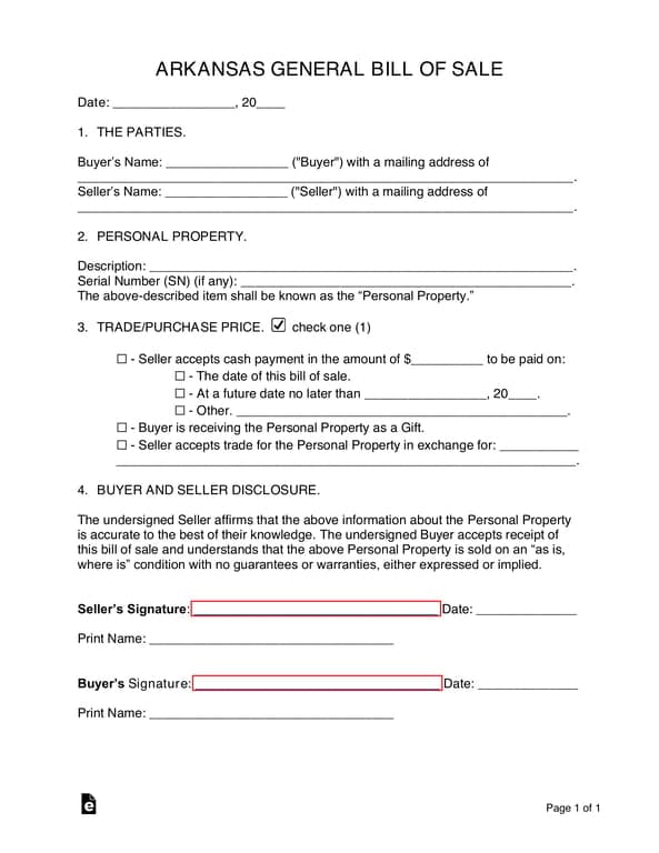 Arkansas Vehicle Sale Details Record - Bill of Sale