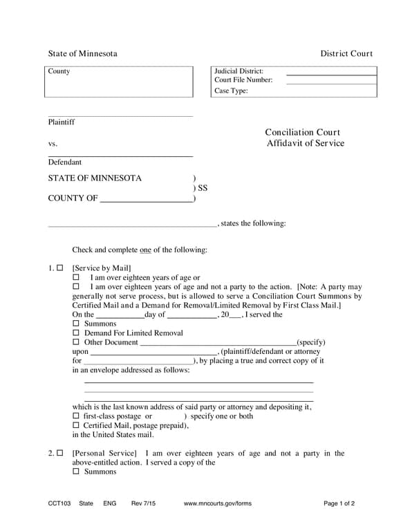 CCT103 - Minnesota District Court Affidavit of Service Overview