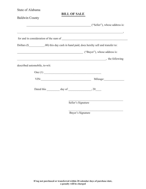 Alabama Vehicle Sale Terms and Conditions - Baldwin County