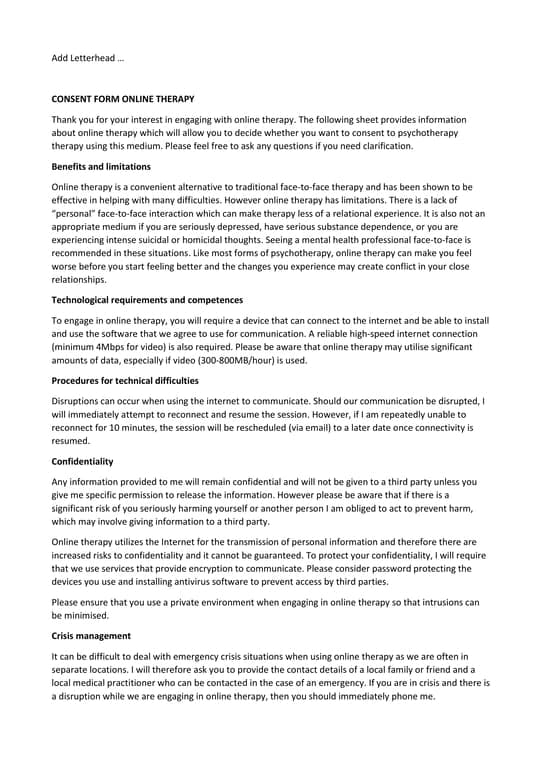 Online Therapy Consent Saskatchewan - Authorization and Limitations of Virtual Psychotherapy