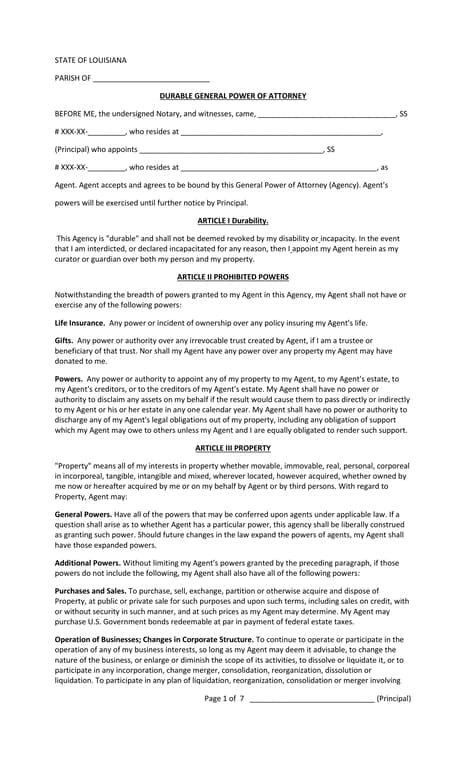 Louisiana Durable General Power of Attorney Official Document