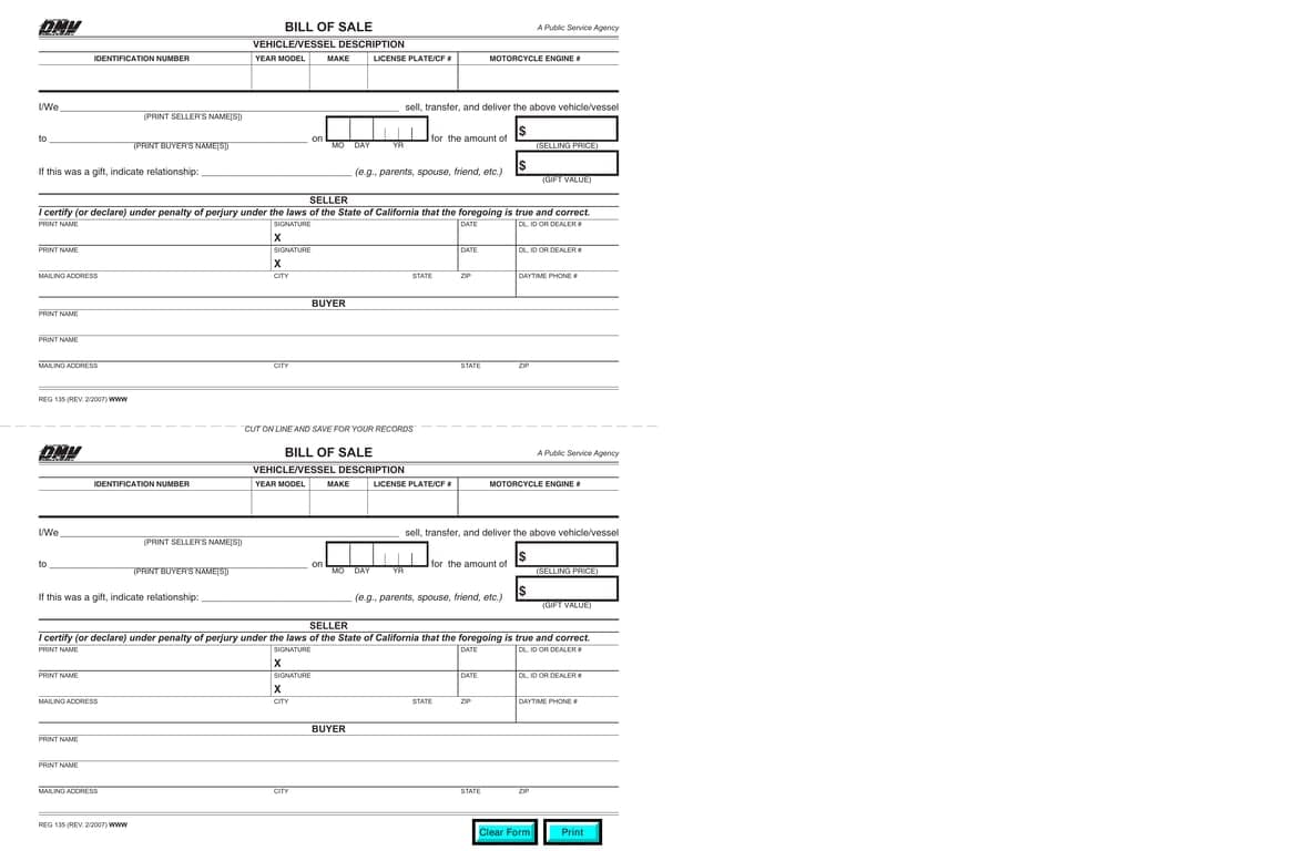 California REG 135 Bill of Sale – Vehicle and Vessel Ownership Transfer
