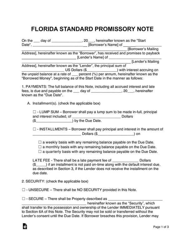 Florida Standard Promissory Note Overview