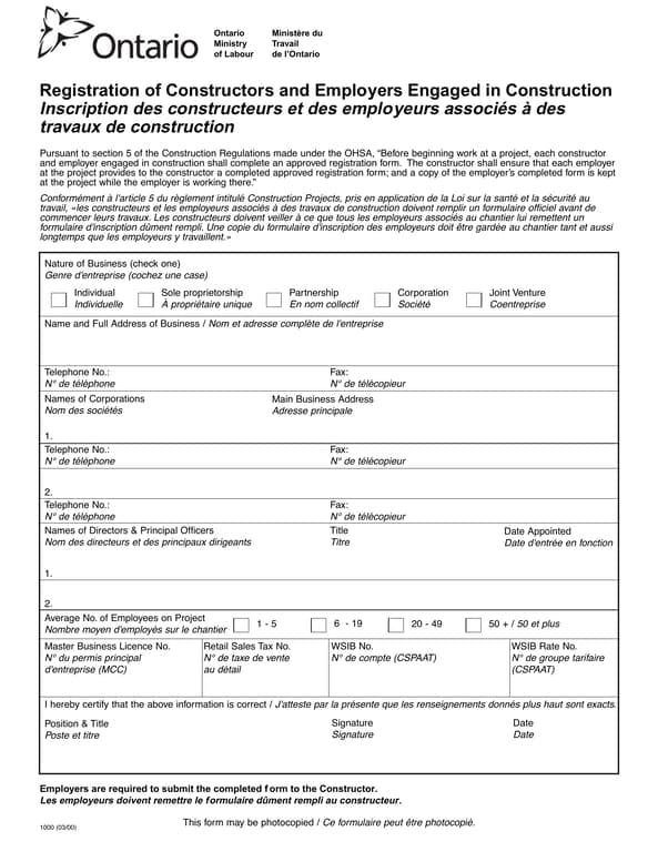 Ontario 1000 - Registration for Constructors and Employers in Construction