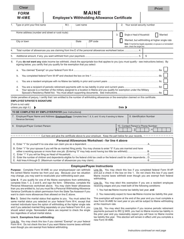 Maine Personal Allowances Worksheet for Tax Withholding