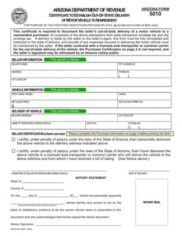Arizona 5010 - Vehicle Delivery Validation for Nonresident Buyers form preview