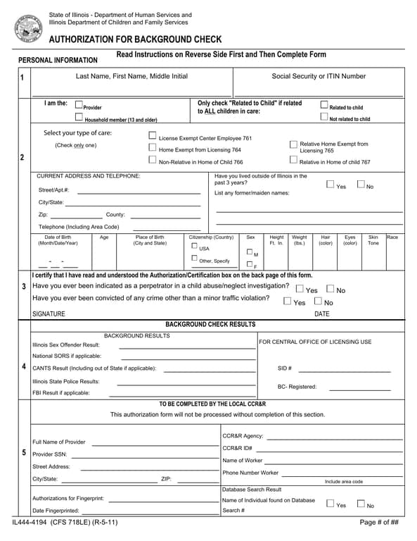 Illinois State Authorization for Background Check - Key for Child Safety