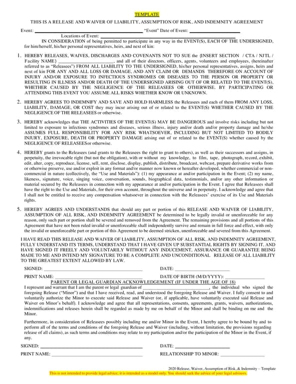 2020 Event Liability Waiver and Risk Assumption Template