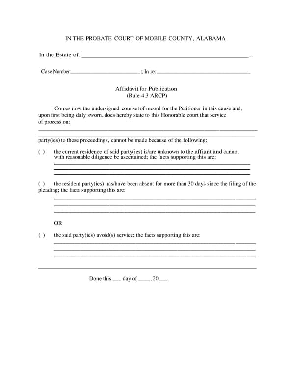 Alabama Rule 4.3 ARCP Affidavit for Publication - Unreachable Party Statement for Mobile County Probate Court
