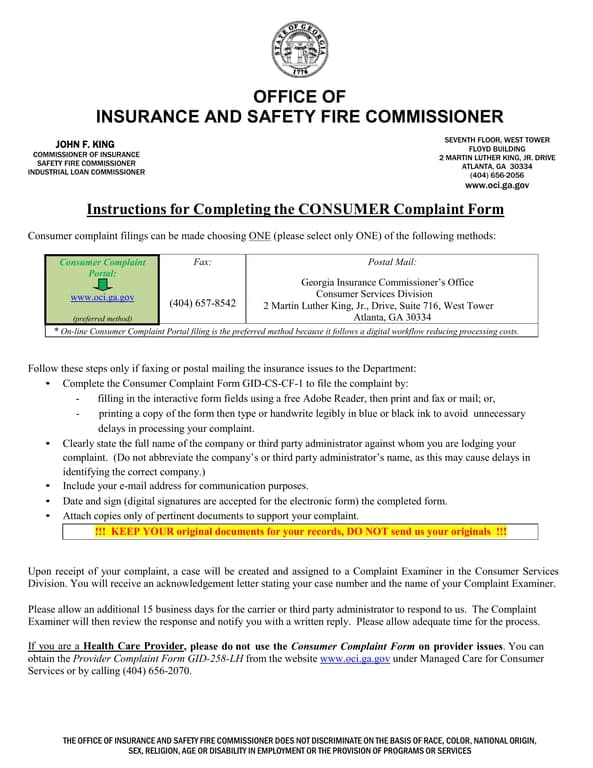 Georgia Consumer Complaint Submission - Office of Insurance and Safety Fire Commissioner