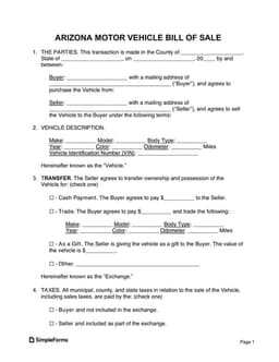 Arizona Vehicle Sale Agreement - Buyer Seller Transaction Outline form preview