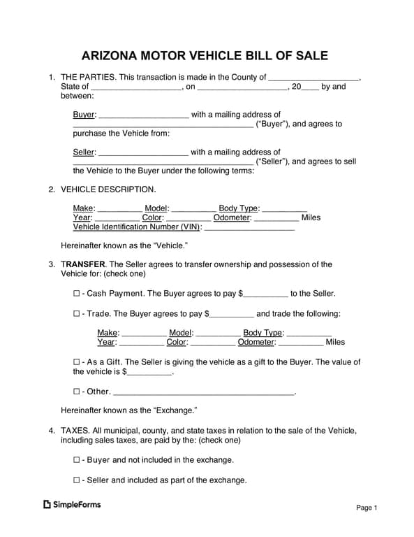 Arizona Vehicle Sale Agreement - Buyer Seller Transaction Outline