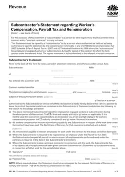 OPT 011 Subcontractor Statement on Compensation, Payroll Tax and Remuneration in New South Wales form preview