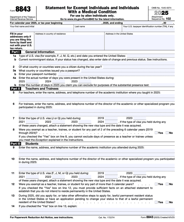 8843 – Statement for Exempt Individuals and Individuals With a Medical Condition (Alien Individuals Only)