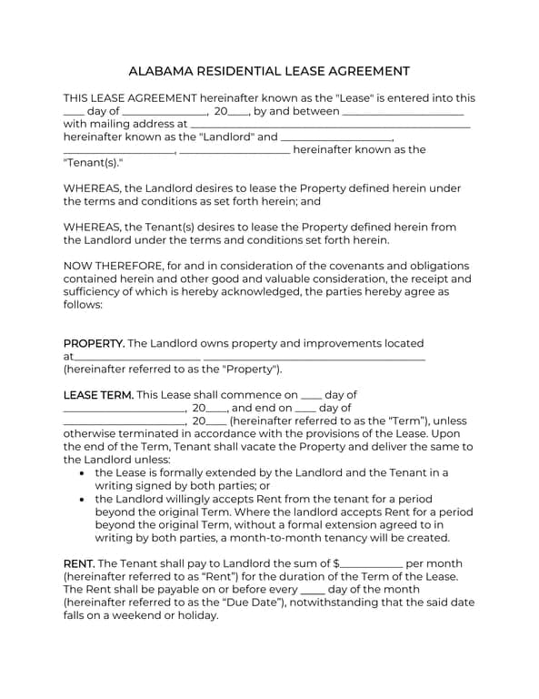 Alabama Residential Lease Agreement - Key Terms and Conditions