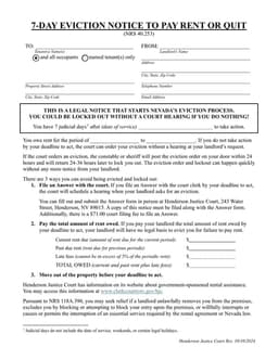 Nevada 7-Day Eviction Notice NRS 40.253 - Pay Rent or Quit Notice for Henderson Justice Court form preview