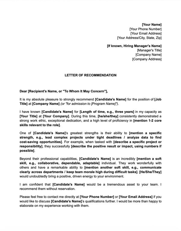 Letter of Recommendation Template