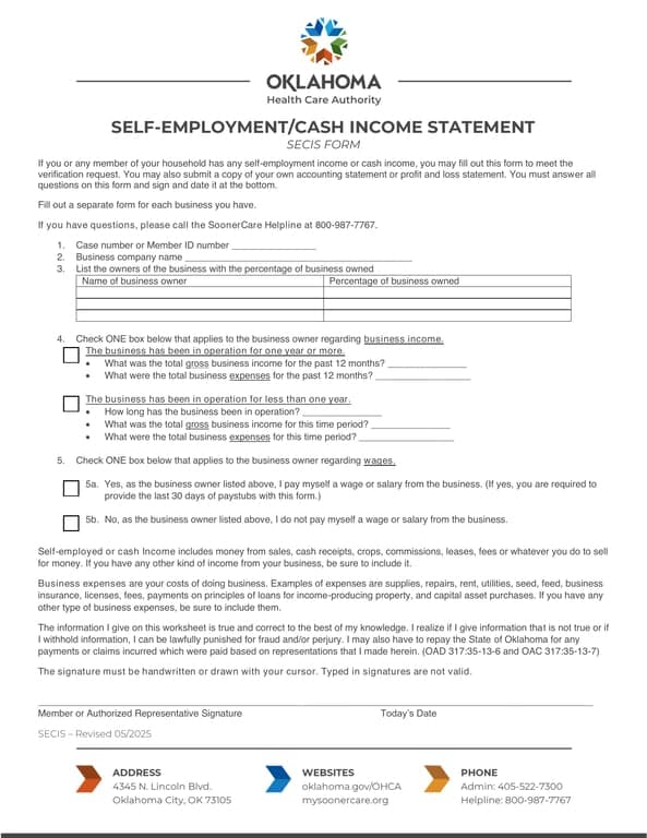 Oklahoma SECIS - Verifying Self-Employment and Cash Income