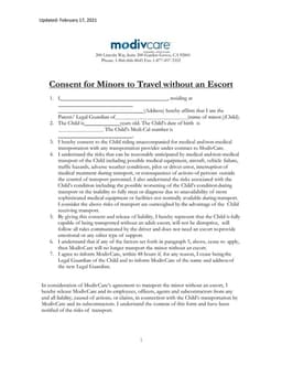 California Minor Travel Authorization for ModivCare Transport form preview