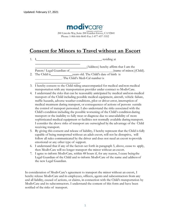 California Minor Travel Authorization for ModivCare Transport