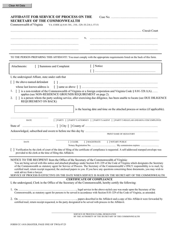 Virginia CC-1418 Affidavit for Service of Process Details and Uses