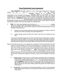 Texas Residential Lease Agreement - Legal Rental Contract Between Landlord and Tenant form preview