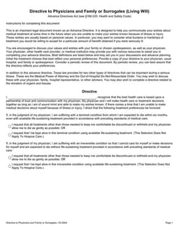 Directive to Physicians and Family - Advance Directives Act §166.033 form preview