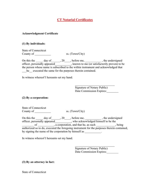 Connecticut Notarial Certificates for Individual and Corporate Document Authenticity Verification