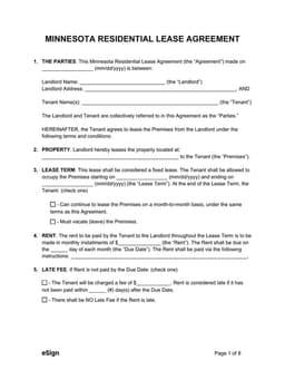 Minnesota Residential Lease Agreement - Fixed Term Contract form preview