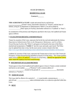 Indiana State Residential Lease Agreement and IDOA Policy form preview