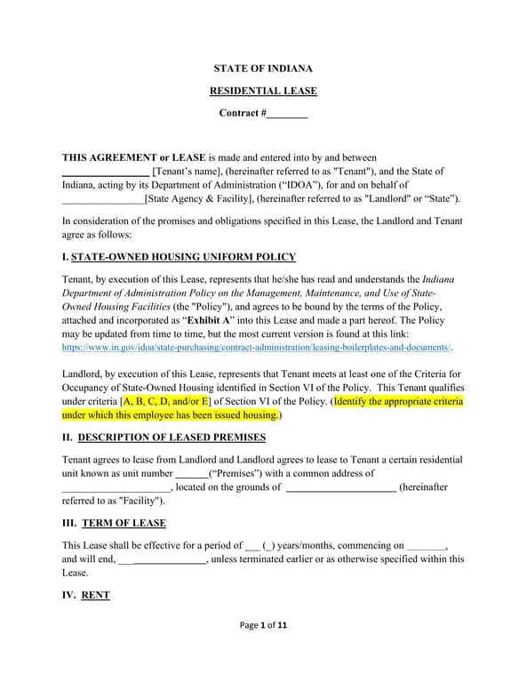 Get the most current Indiana State Residential Lease Agreement and IDOA Policy form now