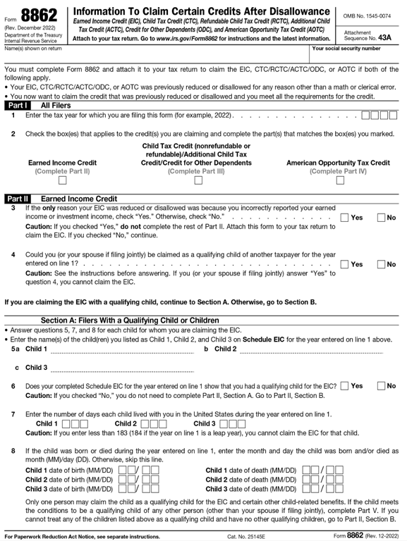 8862 – Information to Claim Certain Credits After Disallowance