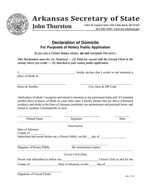 Arkansas Official Declaration of Permanent Residence