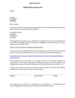California Employment Offer Letter with Civil Service Benefits Overview - Section 19057.2 form preview
