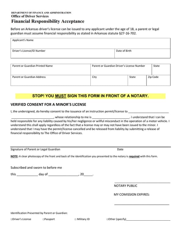 Arkansas Underage Driving License Consent - Acknowledging Parental Responsibility under Statute §27-16-702